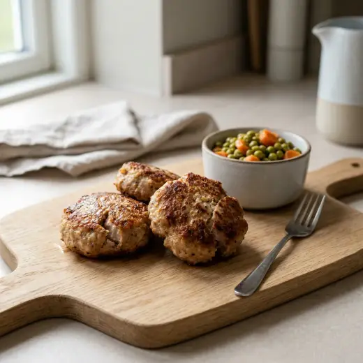 Air fryer Danish breaded pork patties with a golden breadcrumb crust served with boiled potatoes and gravy