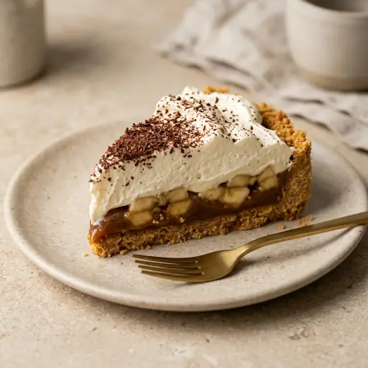 Banoffee pie topped with whipped cream and grated chocolate