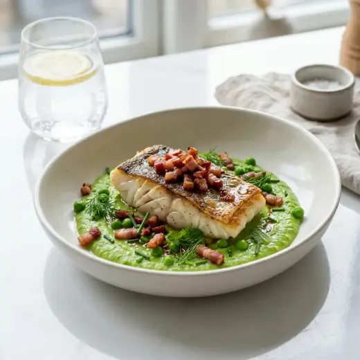 Cod with bacon and pea puree, with crisp lardons and a lemon wedge on a white plate