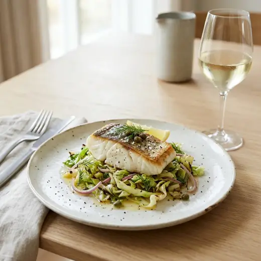 Cod with pointed cabbage, crisp-skinned fillets on buttery cabbage with dill and lemon