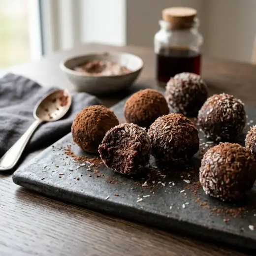 Homemade rum balls rolled in desiccated coconut on a plate
