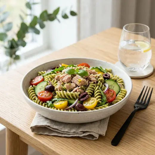 Pasta salad with tuna and pesto, with cherry tomatoes and spinach in a bowl