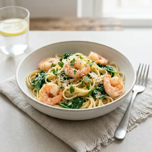 Pasta with prawns and spinach, linguine in a lemon and garlic sauce on a plate