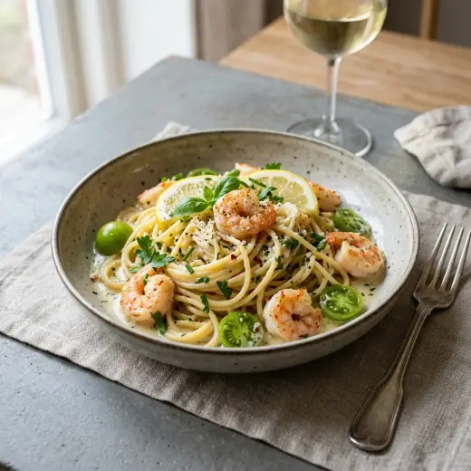 Pasta with prawns and white wine sauce, linguine with king prawns, parsley and lemon on a plate