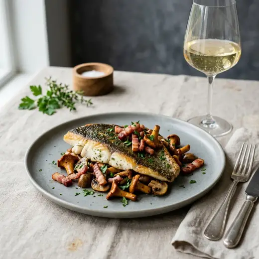 Plaice with bacon and mushrooms, pan-fried fillets with lardons and parsley on a plate