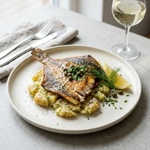 Plaice with smashed potatoes, golden fried fillets served with lemon and parsley