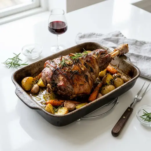 Roast leg of lamb with garlic and rosemary on a carving board