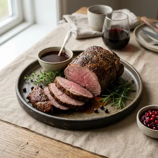 Roast red deer haunch sliced thinly to show pink venison, served with rosemary