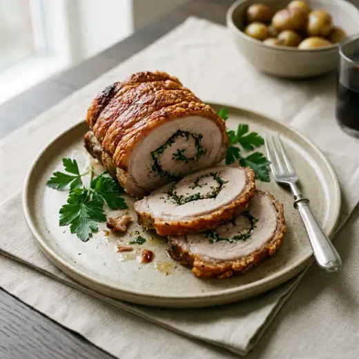 Rolled pork roast with parsley, sliced to show the green herb filling and golden crackling