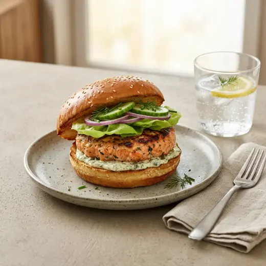 Salmon burger in a toasted bun with lettuce and tomato