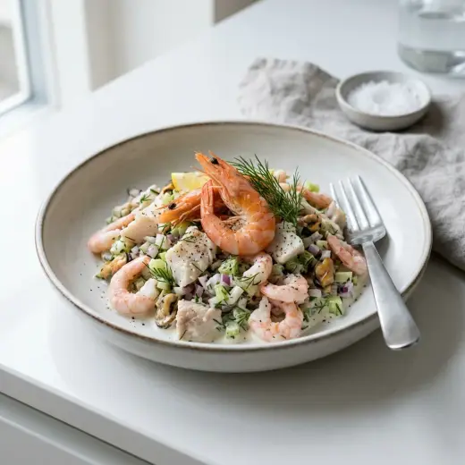 Seafood salad with prawns, seafood sticks, lettuce, cucumber and tomatoes in a creamy dressing