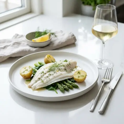 Steamed plaice fillet with lemon slices, parsley and melted butter on a white plate