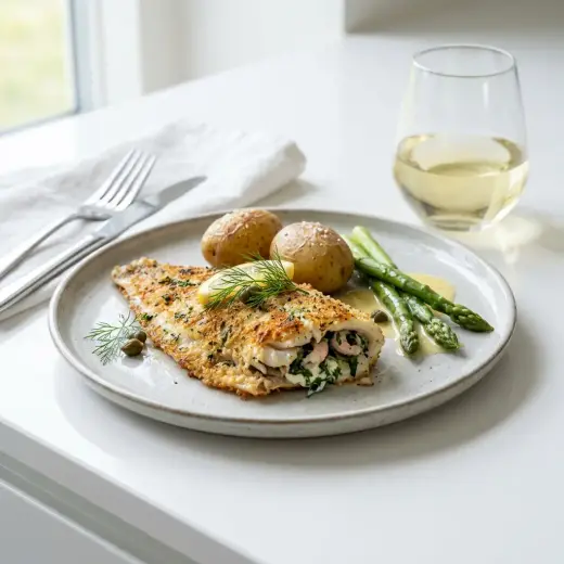 Stuffed plaice fillet rolls with a prawn and parsley filling on a baking tray with lemon wedges