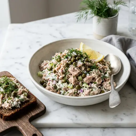 Tuna salad with capers, red onion and celery in a white bowl