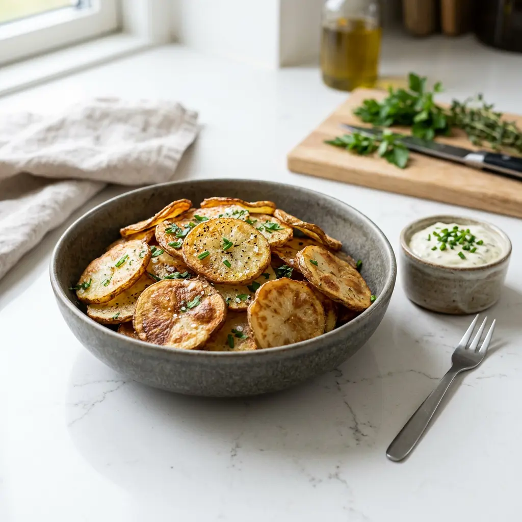 Photo of Air Fryer Sliced Potatoes cooked in the air fryer