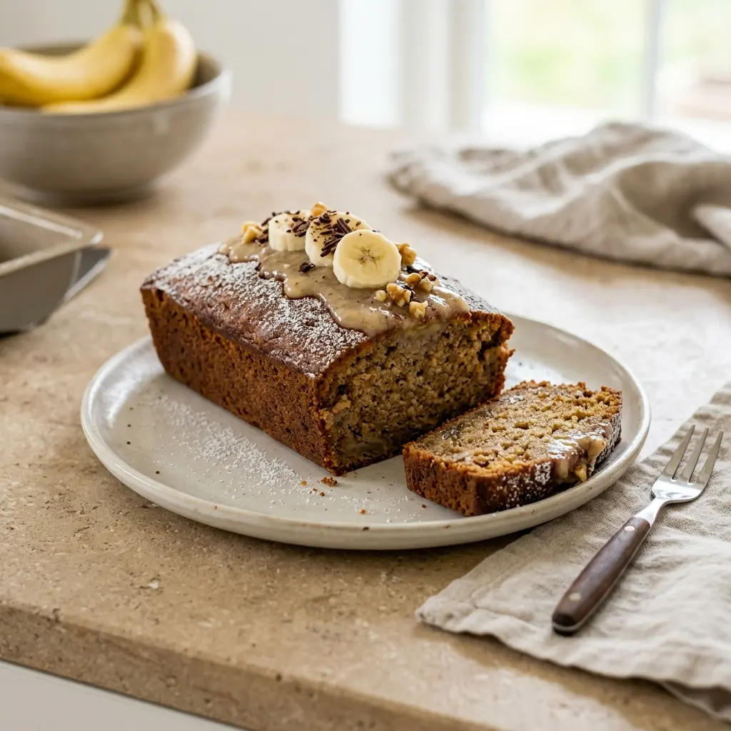 Banana cake loaf sliced on a wire rack with a golden crust