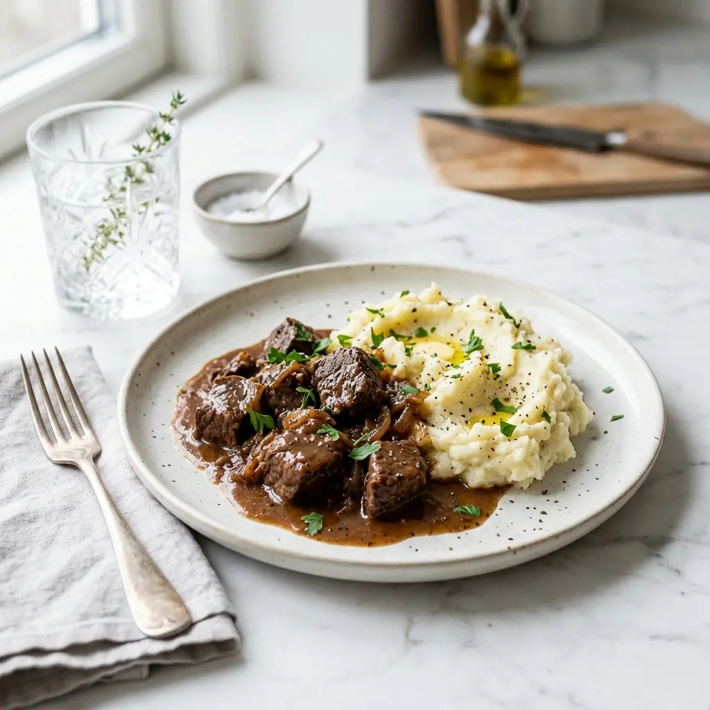 Photo of the finished dish for the recipe Braised Beef Slices with Mashed Potatoes