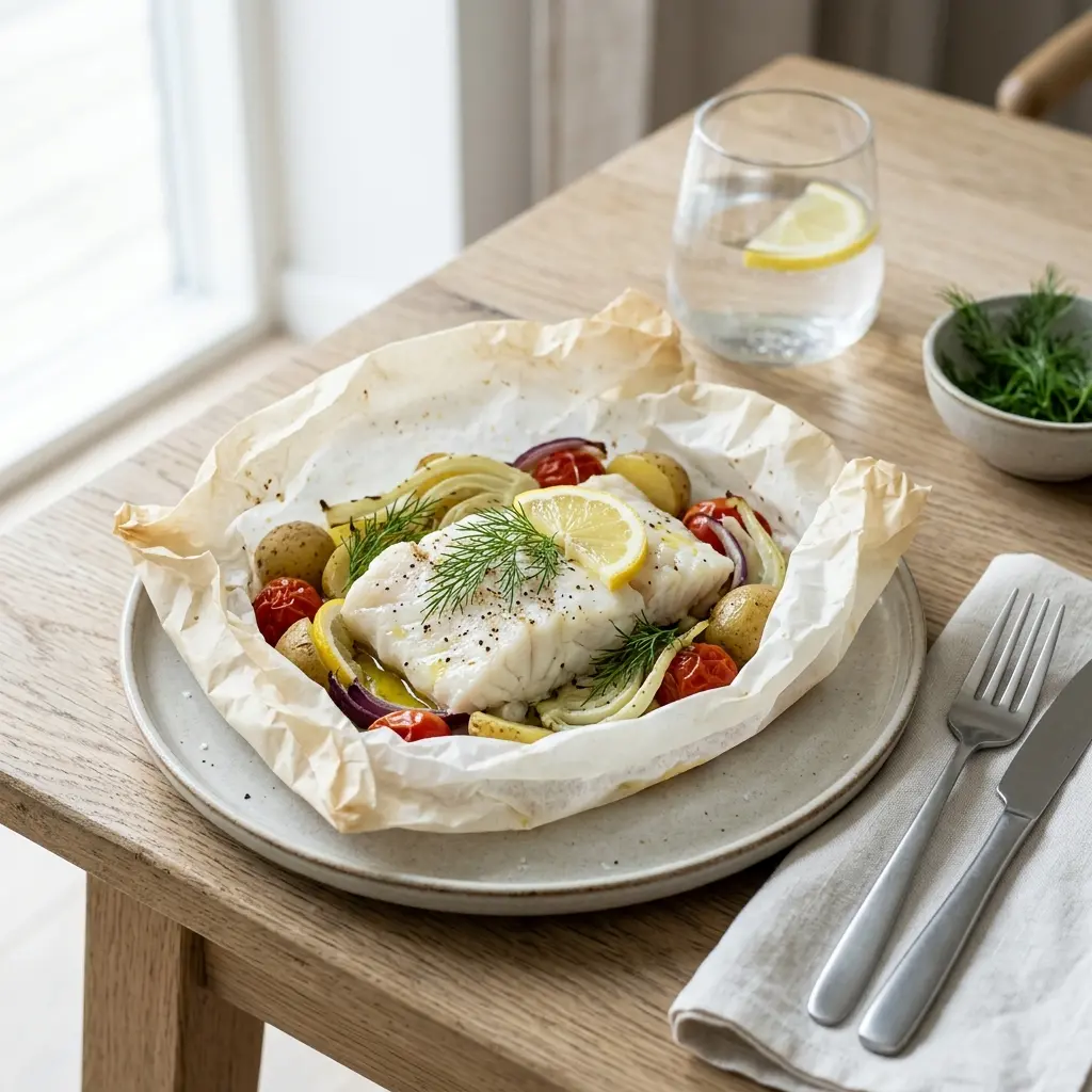 Cod in foil opened to show a flaky fillet with lemon slices, parsley and butter