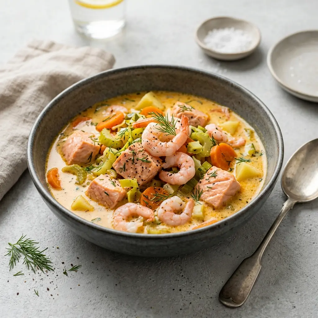 Photo of the finished dish for the recipe Fish Stew with Salmon and Prawns