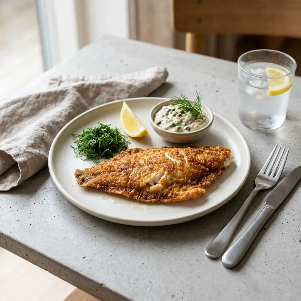 Fried plaice fillet with a golden breadcrumb coating and lemon wedges
