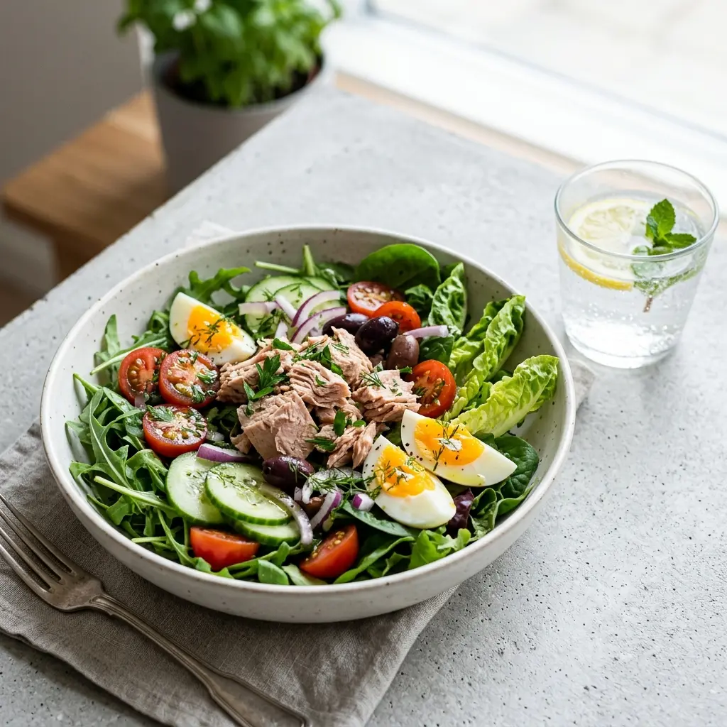 Green salad with tuna, cucumber, red pepper and spring onions in a white bowl