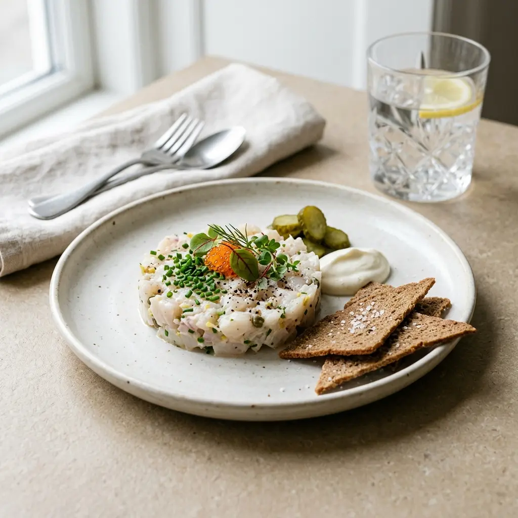 Halibut tartare starter, diced raw halibut shaped in a ring with cucumber and chives on a plate