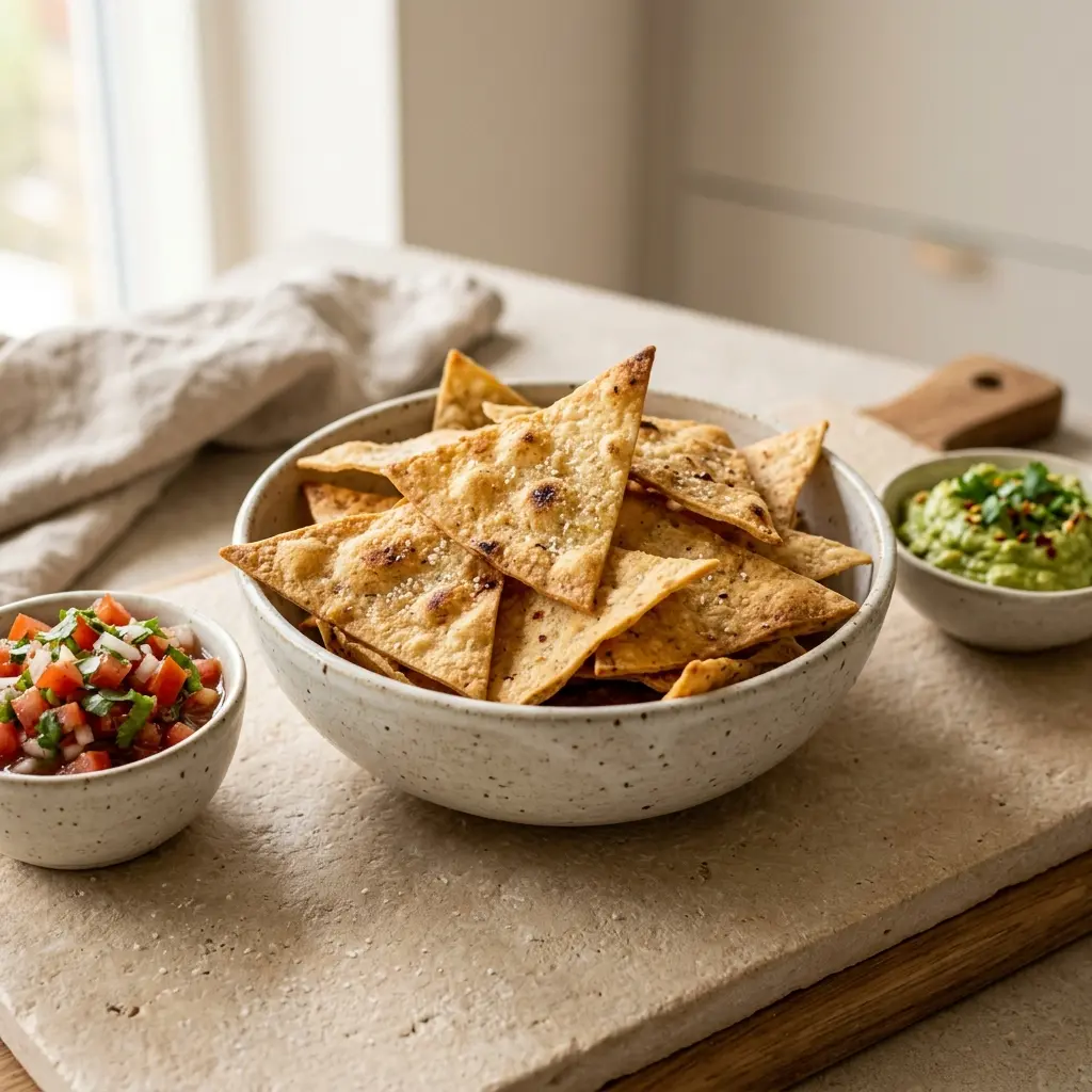 Homemade tortilla chips, golden and crisp, in a bowl with salsa and a lime wedge