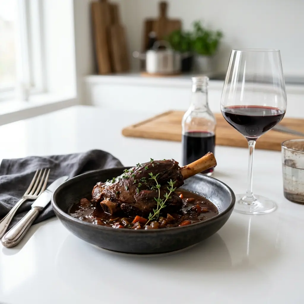 Lamb shank in red wine with a glossy dark sauce, carrots and rosemary