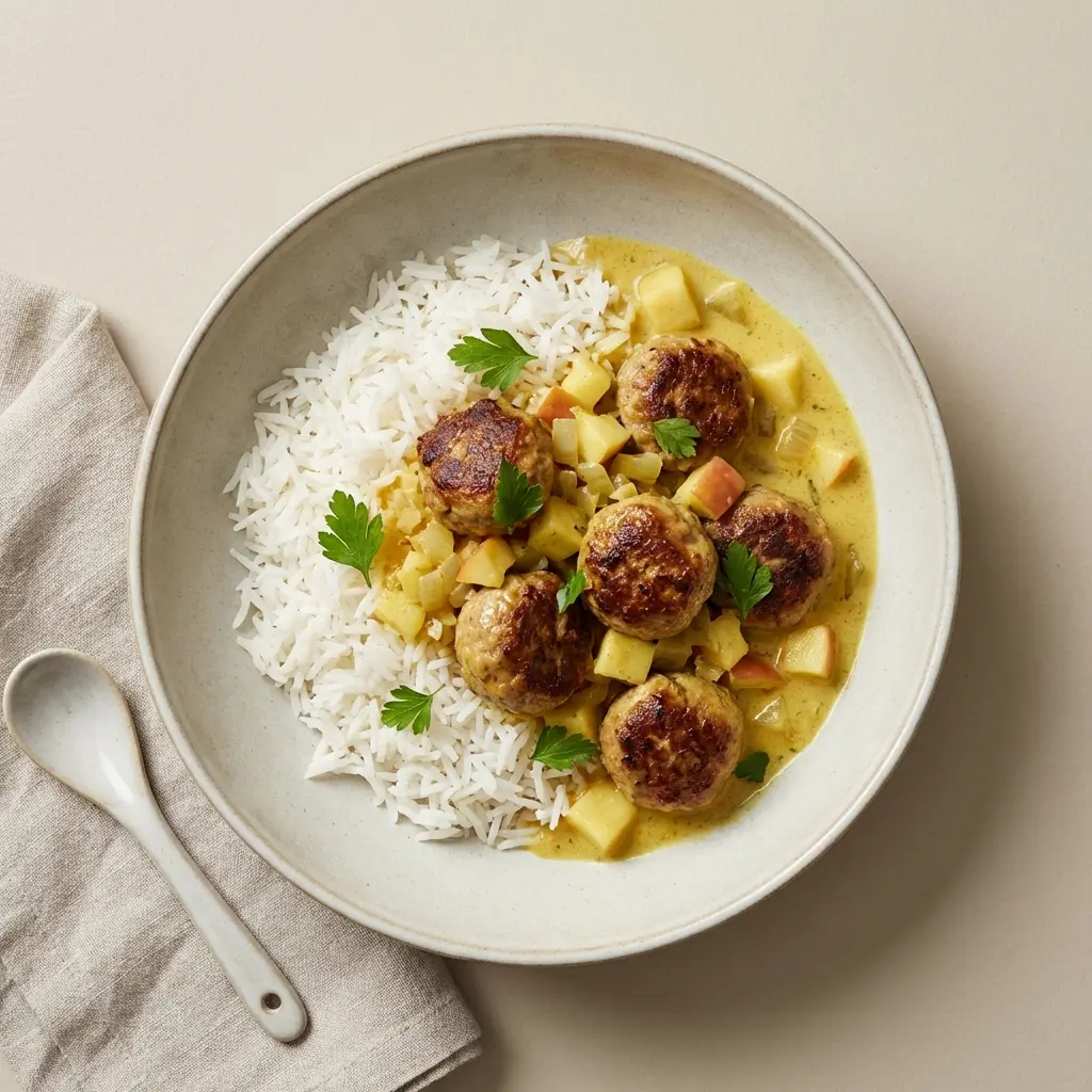 Meatballs in curry sauce with rice in a shallow bowl, topped with chopped parsley