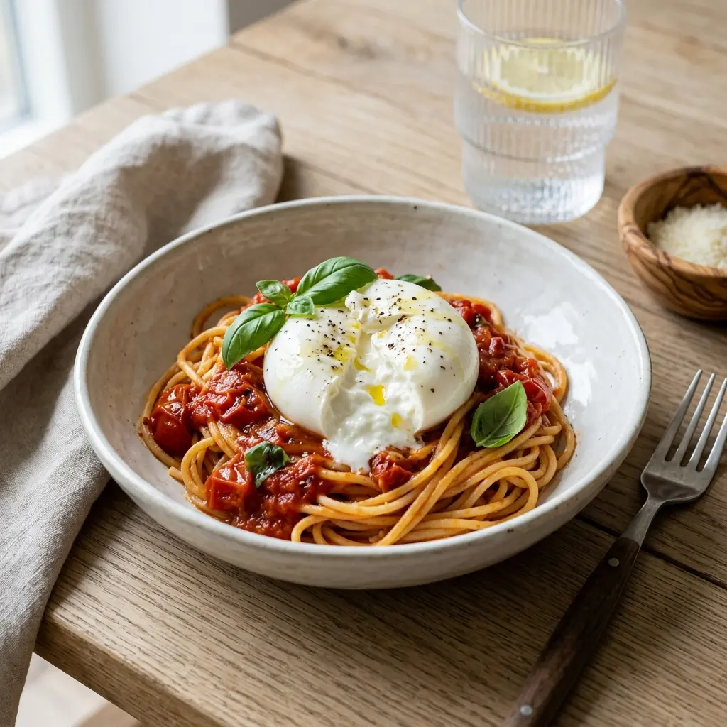 Photo of the finished dish for the recipe Pasta with Burrata