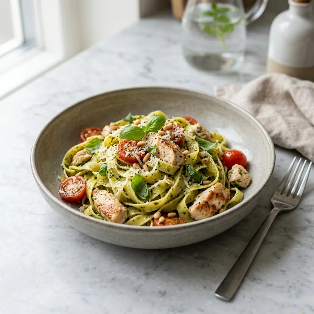 Pasta with chicken and pesto, tossed with golden chicken pieces and topped with grated Parmesan