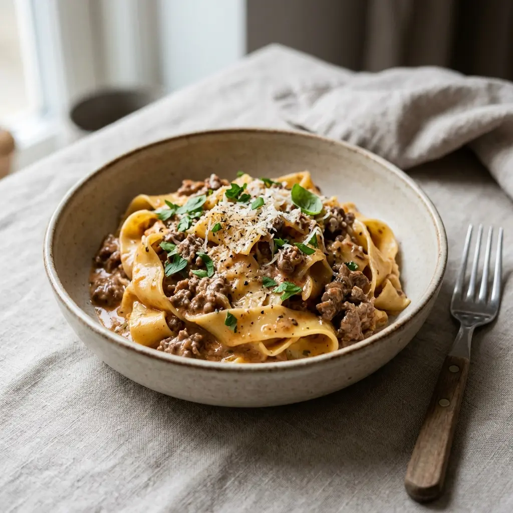 Photo of the finished dish for the recipe Pasta with Minced Beef and Cream