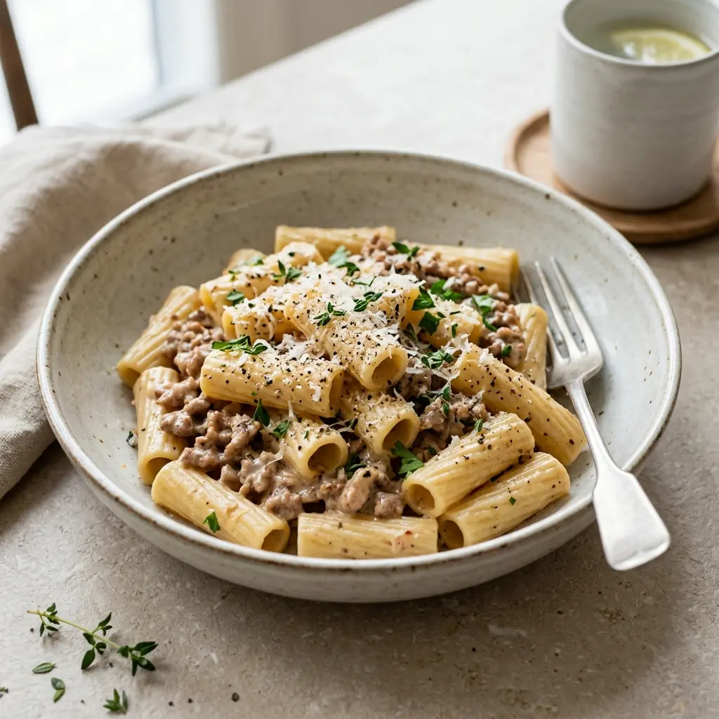 Photo of the finished dish for the recipe Pasta with Minced Pork and Cream