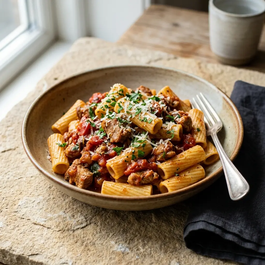 Photo of the finished dish for the recipe Pasta with Pork and Tomato