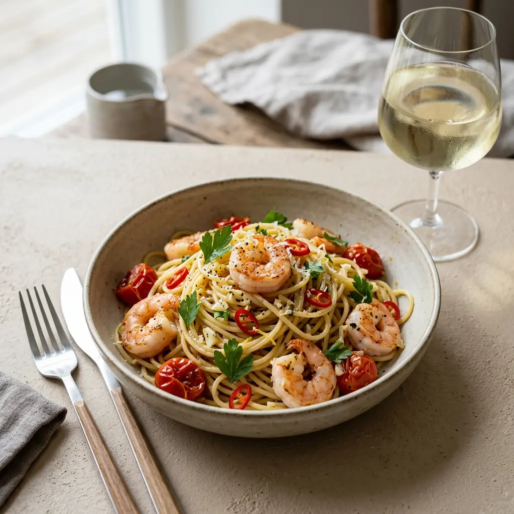 Photo of the finished dish for the recipe Pasta with Prawns and Chilli