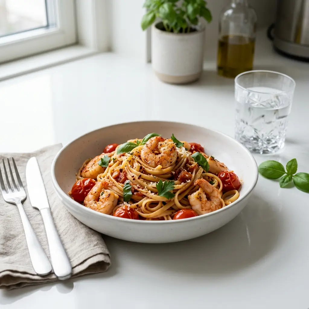 Photo of the finished dish for the recipe Pasta with Prawns and Tomato