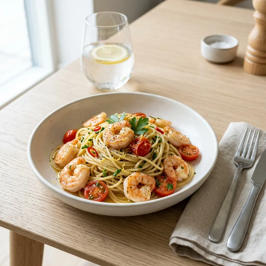Pasta with prawns, spaghetti with king prawns, chilli, parsley and lemon on a plate