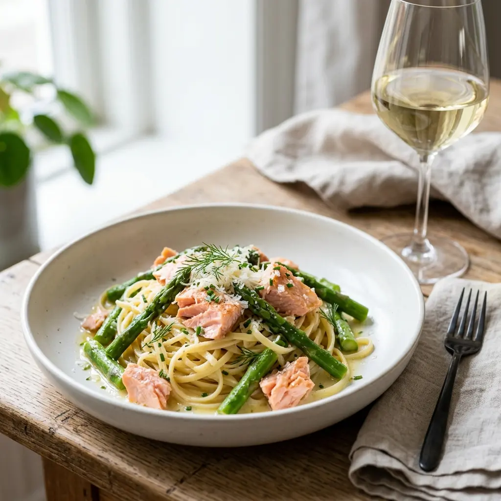 Photo of the finished dish for the recipe Pasta with Salmon and Asparagus