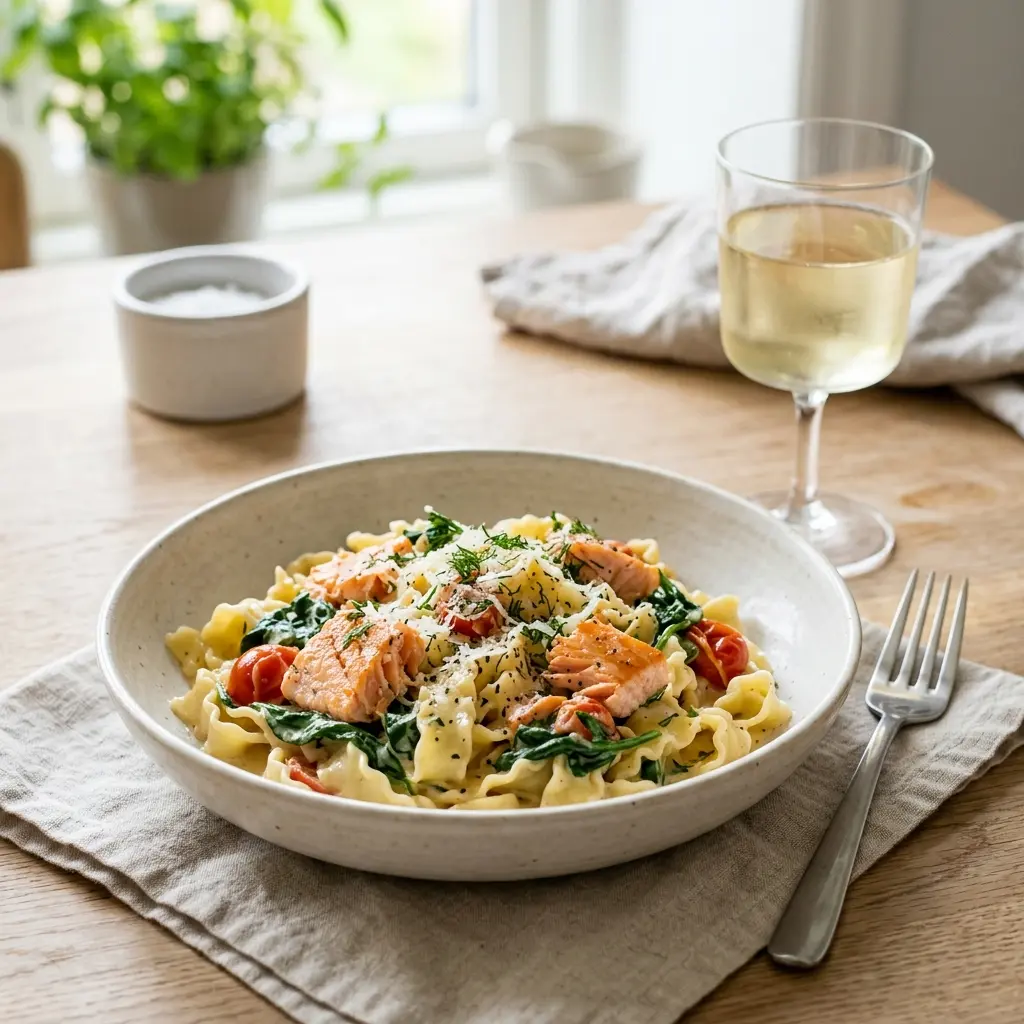 Photo of the finished dish for the recipe Pasta with Salmon and Spinach
