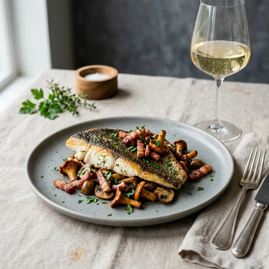 Photo of the finished dish for the recipe Plaice with Bacon and Mushrooms