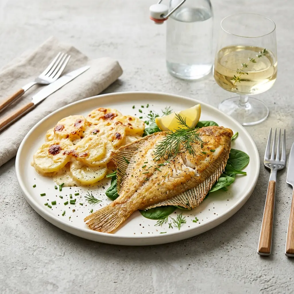 Photo of the finished dish for the recipe Plaice with Dauphinoise Potatoes