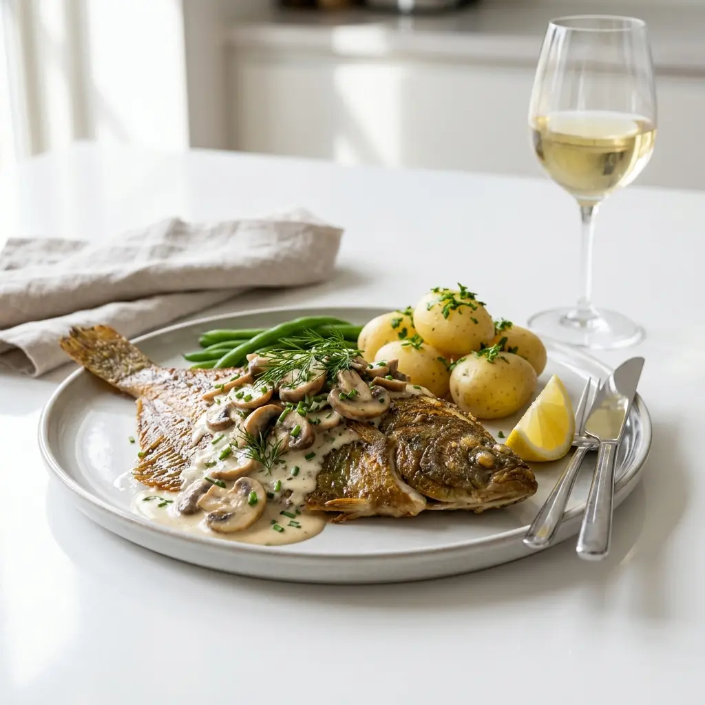 Photo of the finished dish for the recipe Plaice with Mushrooms and Cream