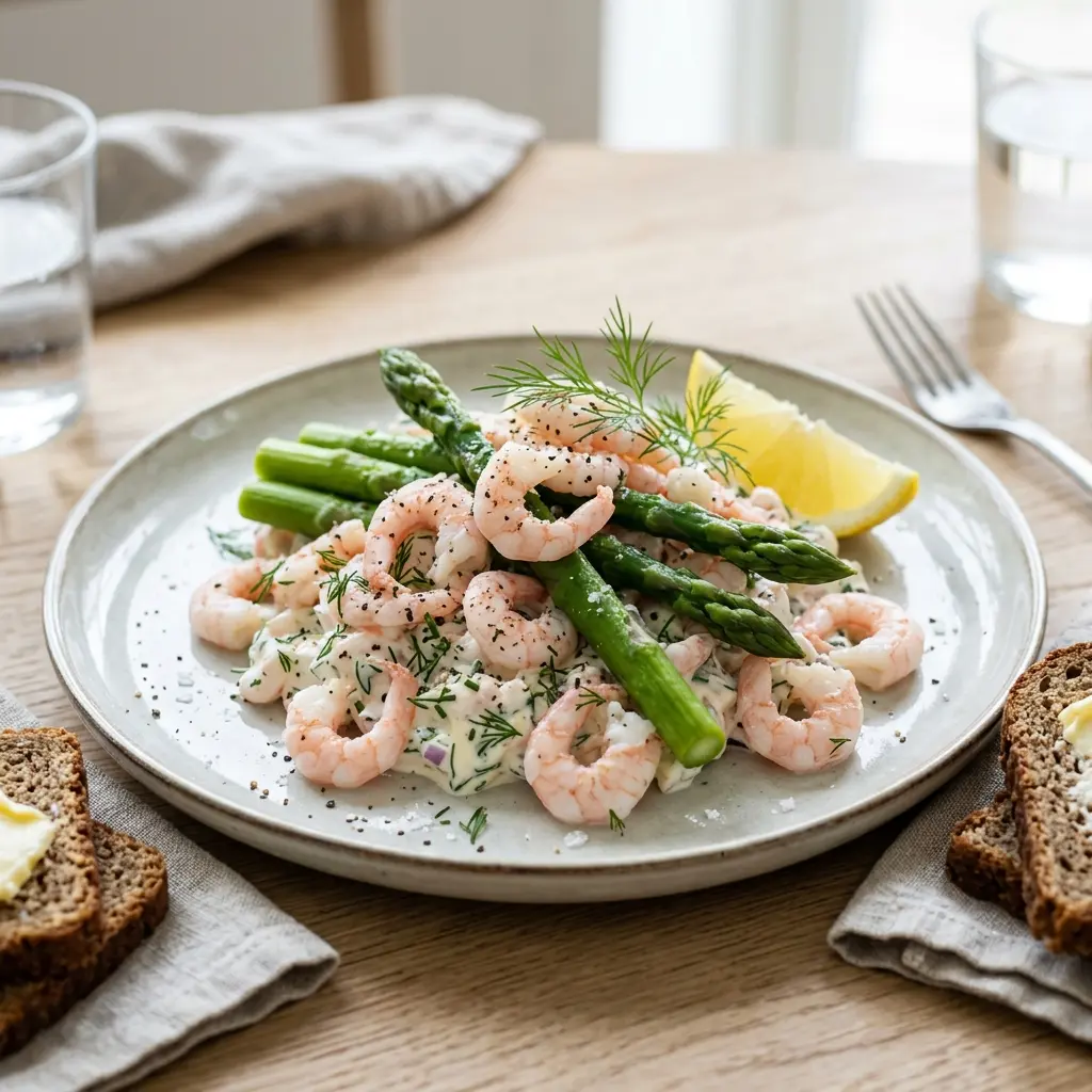 Prawn salad with asparagus and mixed leaves in a bowl with lemon dressing