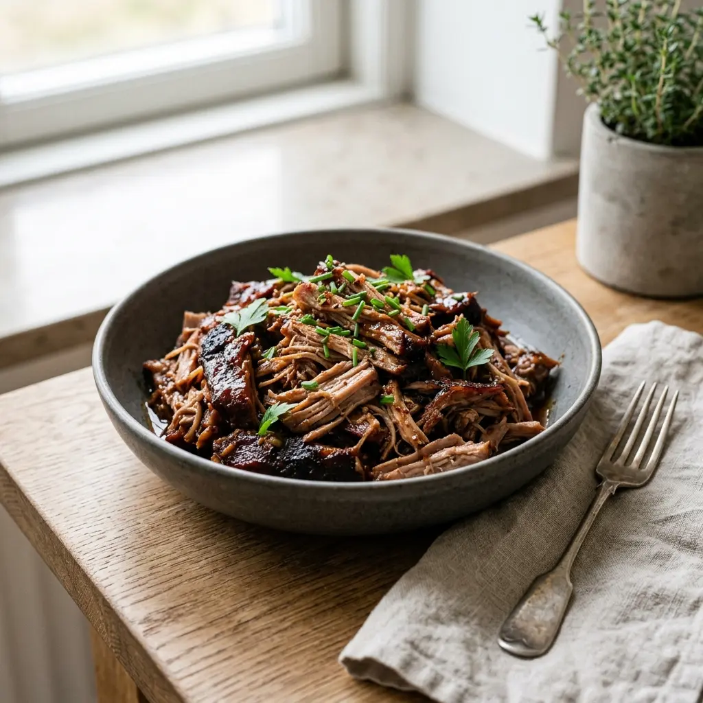 Pulled pork shredded in a roasting tin with barbecue sauce, ready to serve in buns