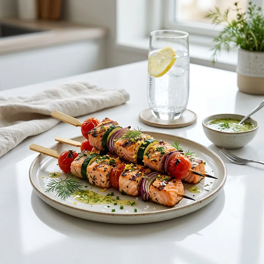 Salmon skewers threaded with courgette and served with lemon on a plate