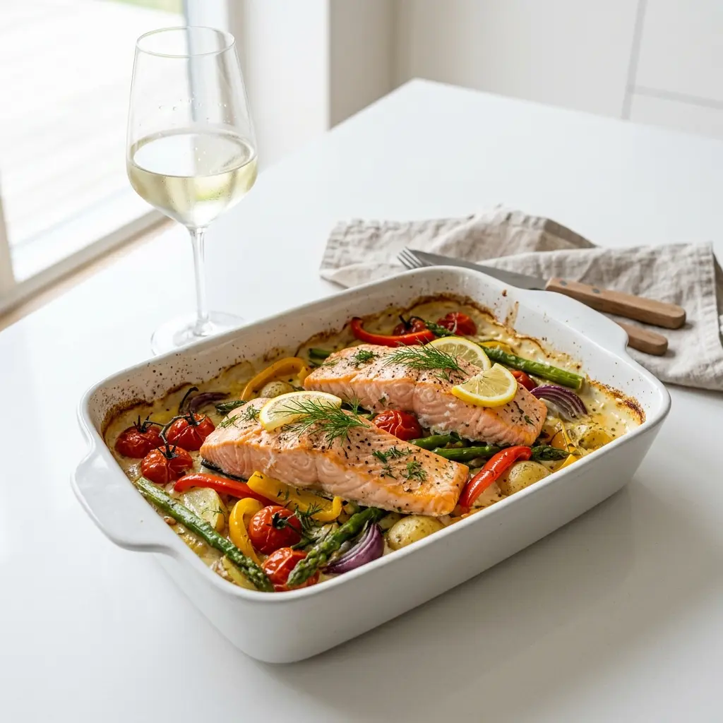Photo of the finished dish for the recipe Salmon Tray Bake with Vegetables