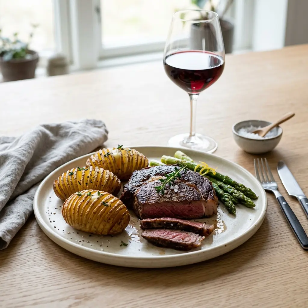 Photo of the finished dish for the recipe Steak with Hasselback Potatoes