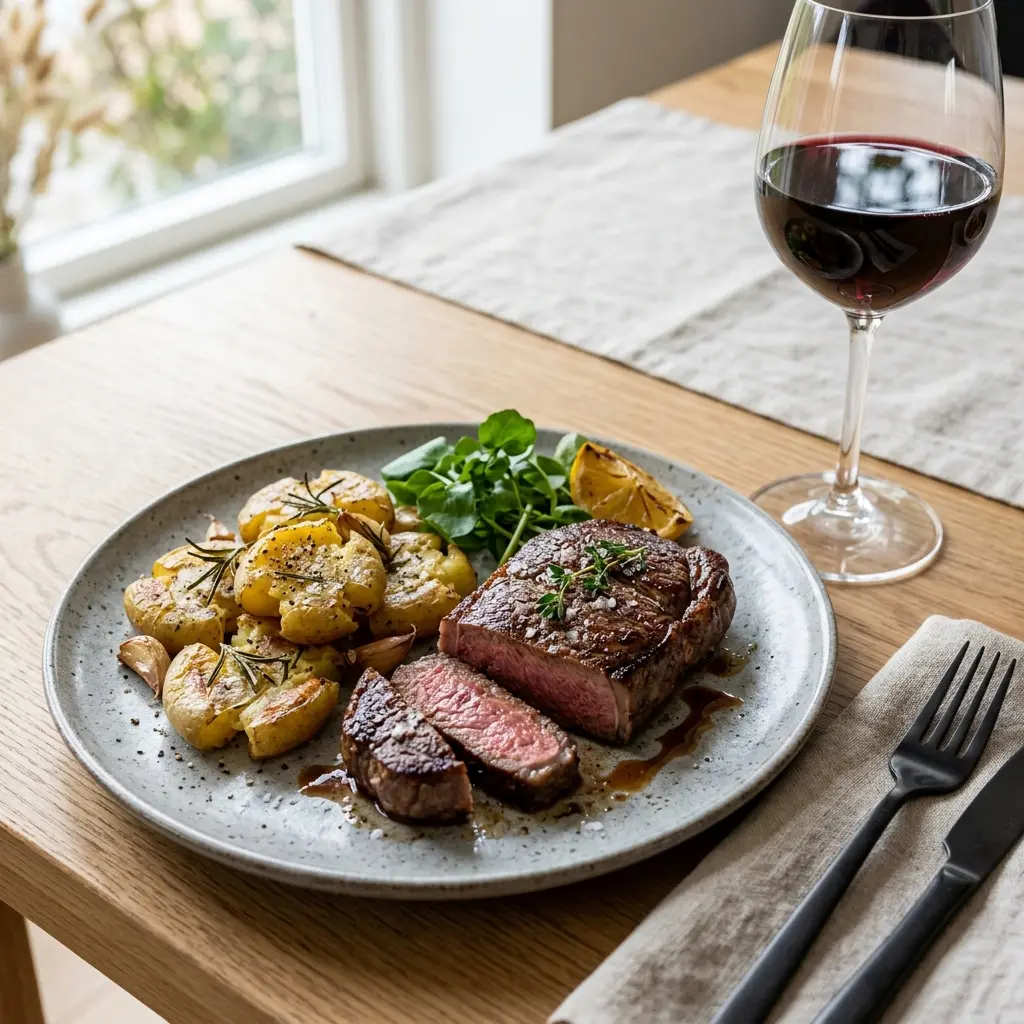 Photo of the finished dish for the recipe Steak with Smashed Potatoes