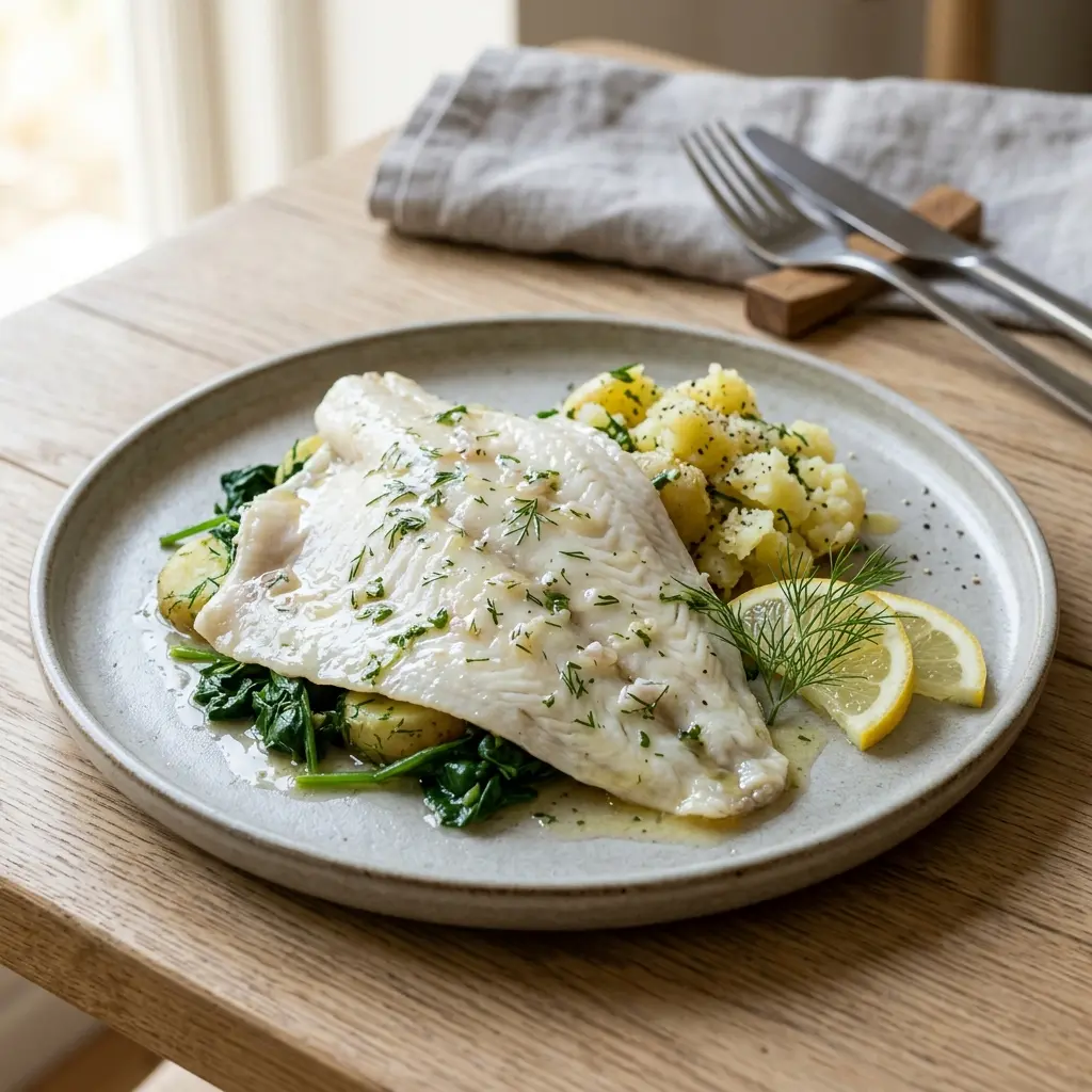 Steamed plaice fillets topped with ginger, lemon slices and spring onion on a serving plate