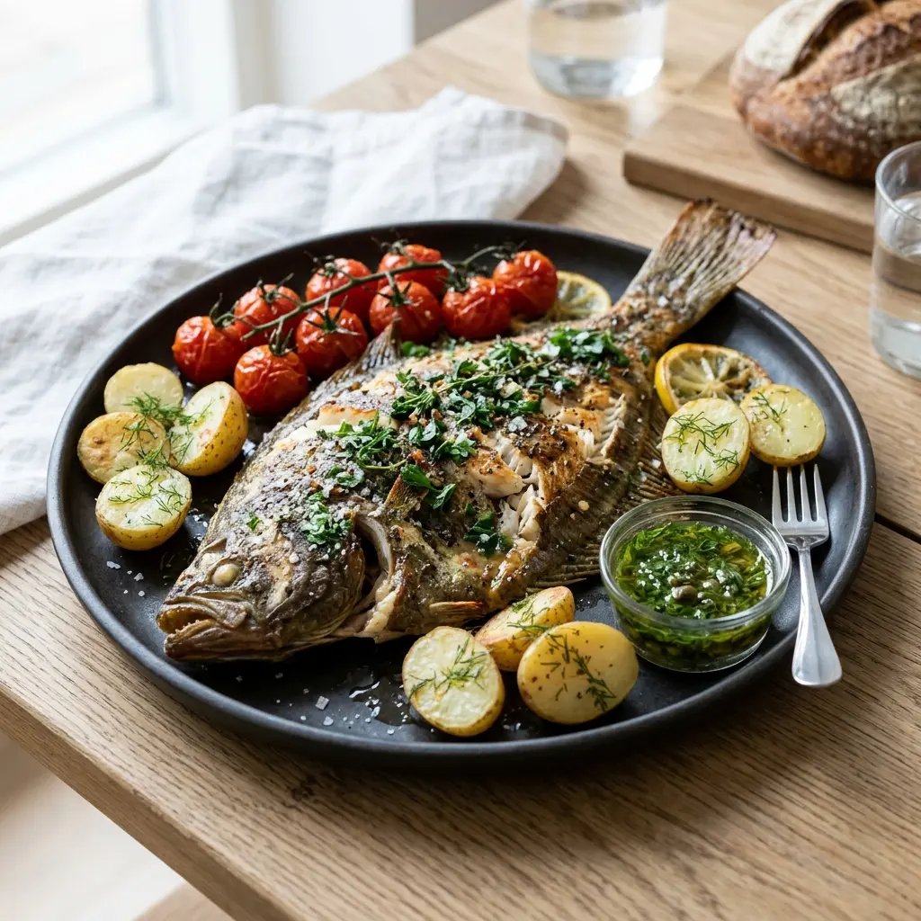 Photo of the finished dish for the recipe Whole Baked Plaice